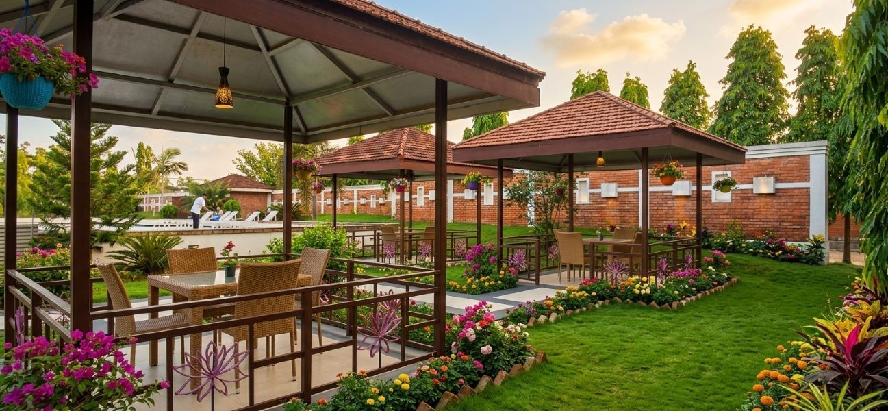 Poolside loungers and seating area at Hotel Kasai