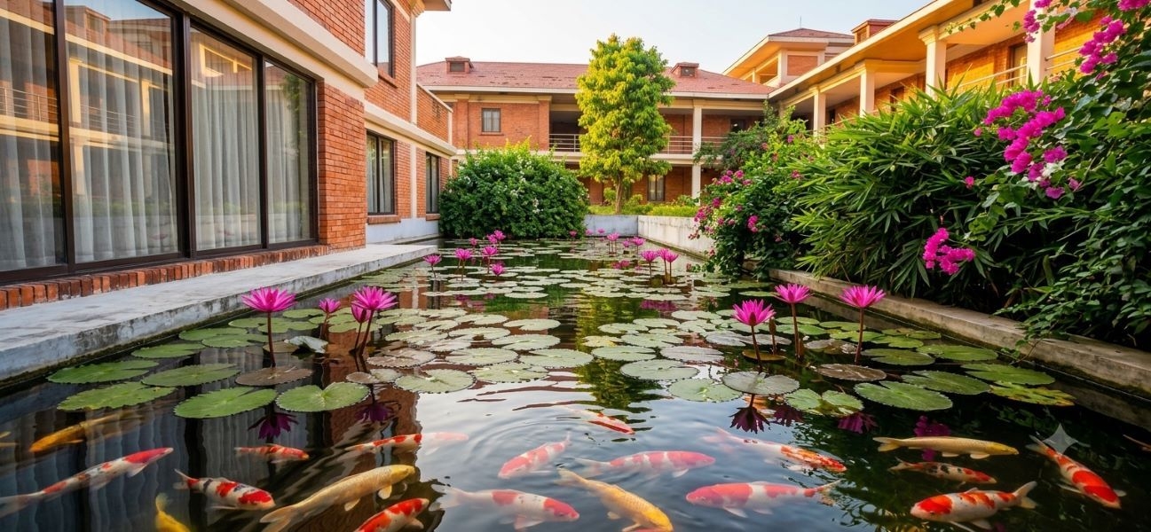 Hotel Kasai building exterior within Lumbini Sacred Garden